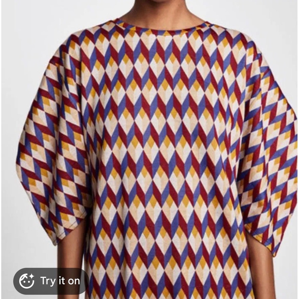 Zara Woman Basic Geometric Harlequin Diamond Knit Midi Shift Dress Multicolor M - Picture 2 of 7